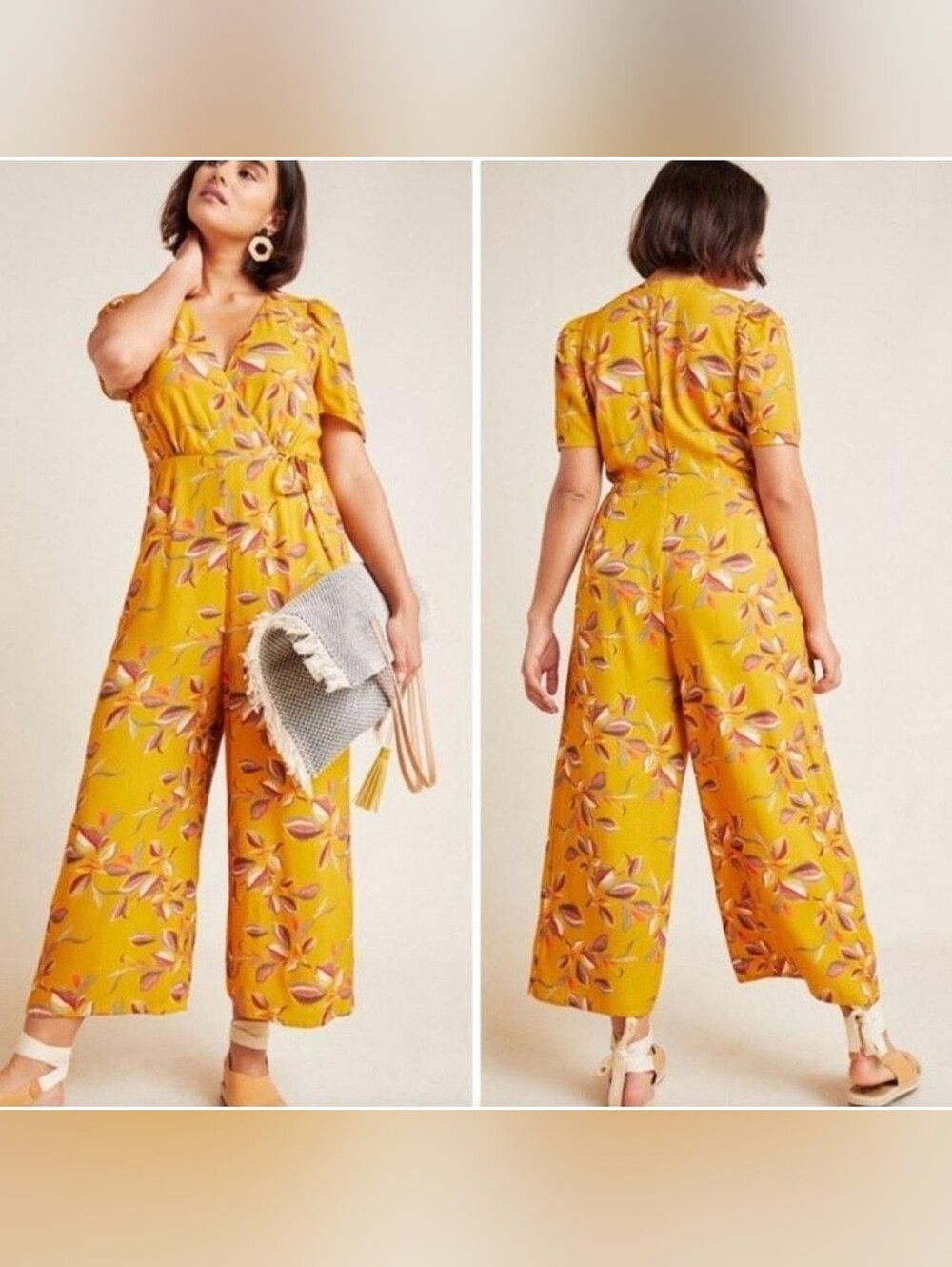 Greylin Anthropologie Mustard Floral Wrap Jumpsuit